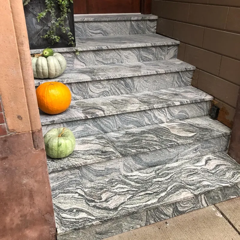Front steps in flowing gray-and-white granite, Boston, MA